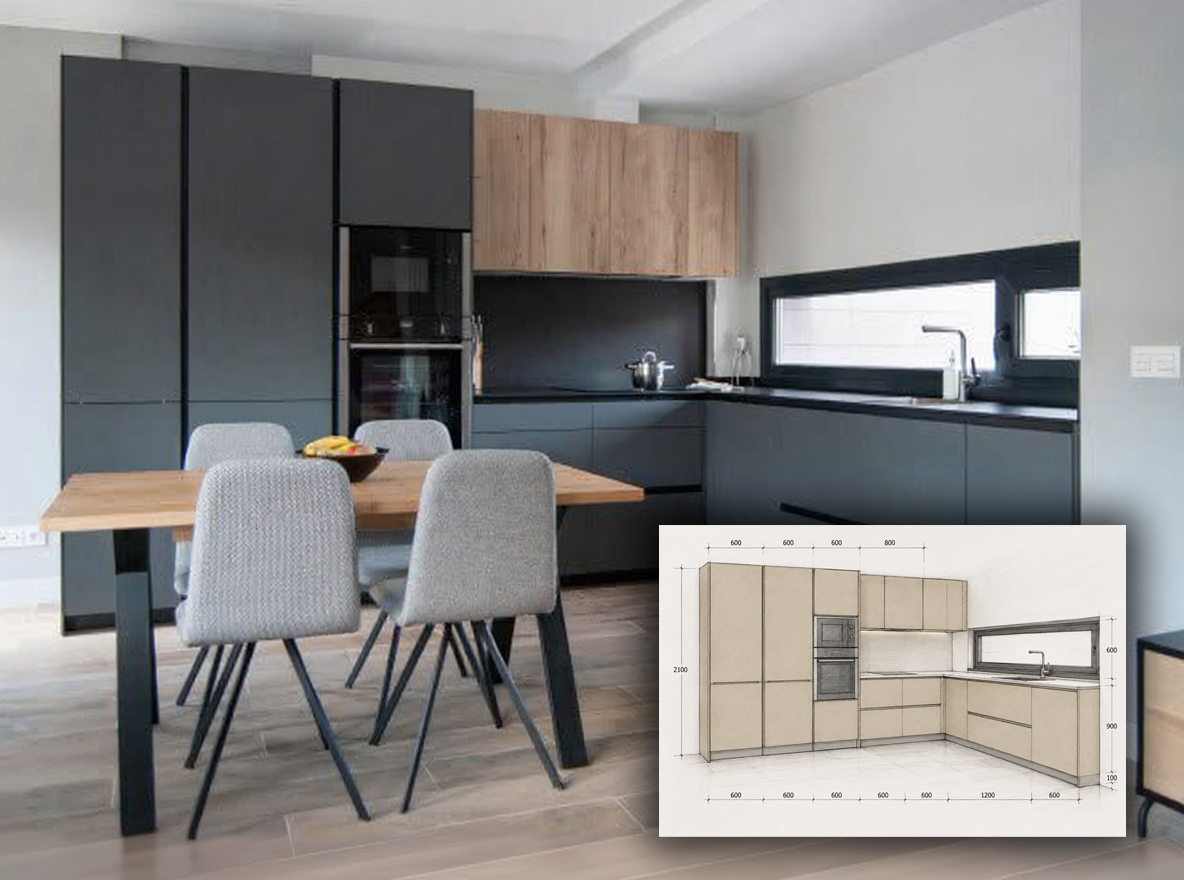Diseño de cocina boceto y acabado.